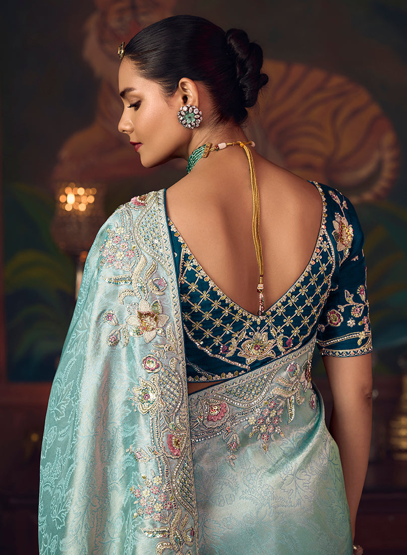 Monjolika Fashion Sky Blue Zari Woven Silk Blend Embroidered Saree For Wedding Wear