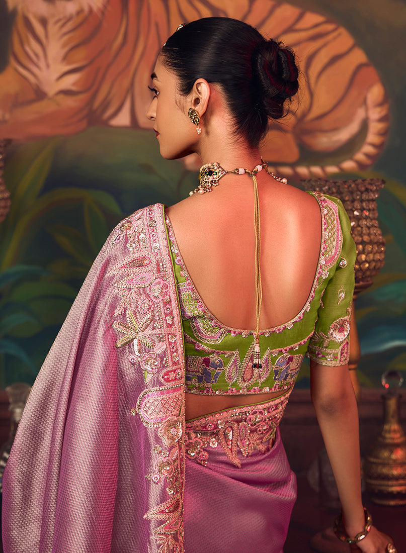 Monjolika Fashion Onion Pink Zari Woven Silk Blend Embroidered Saree For Wedding Wear