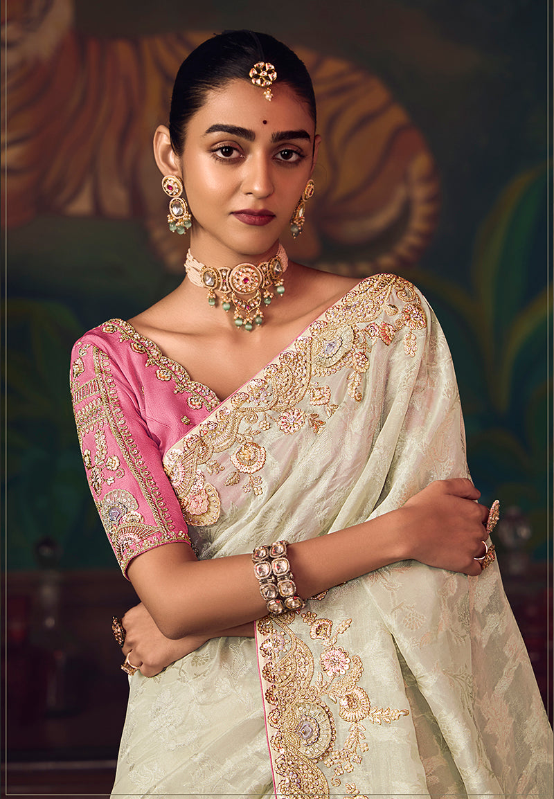 Monjolika Fashion Off White Zari Woven Silk Blend Embroidered Saree For Wedding Wear