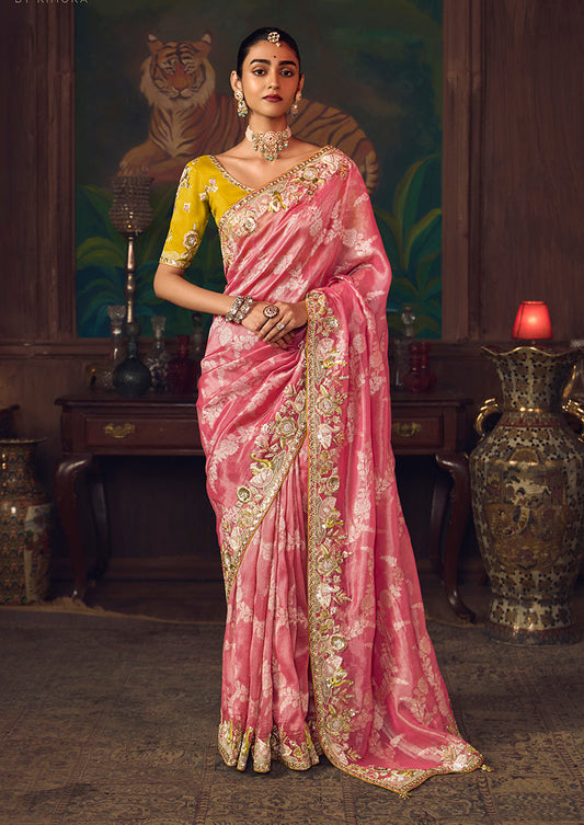 Monjolika Fashion Coral Pink Zari Woven Silk Blend Embroidered Saree For Wedding Wear