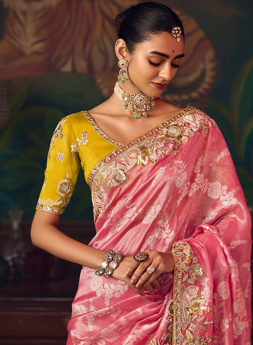 Monjolika Fashion Coral Pink Zari Woven Silk Blend Embroidered Saree For Wedding Wear
