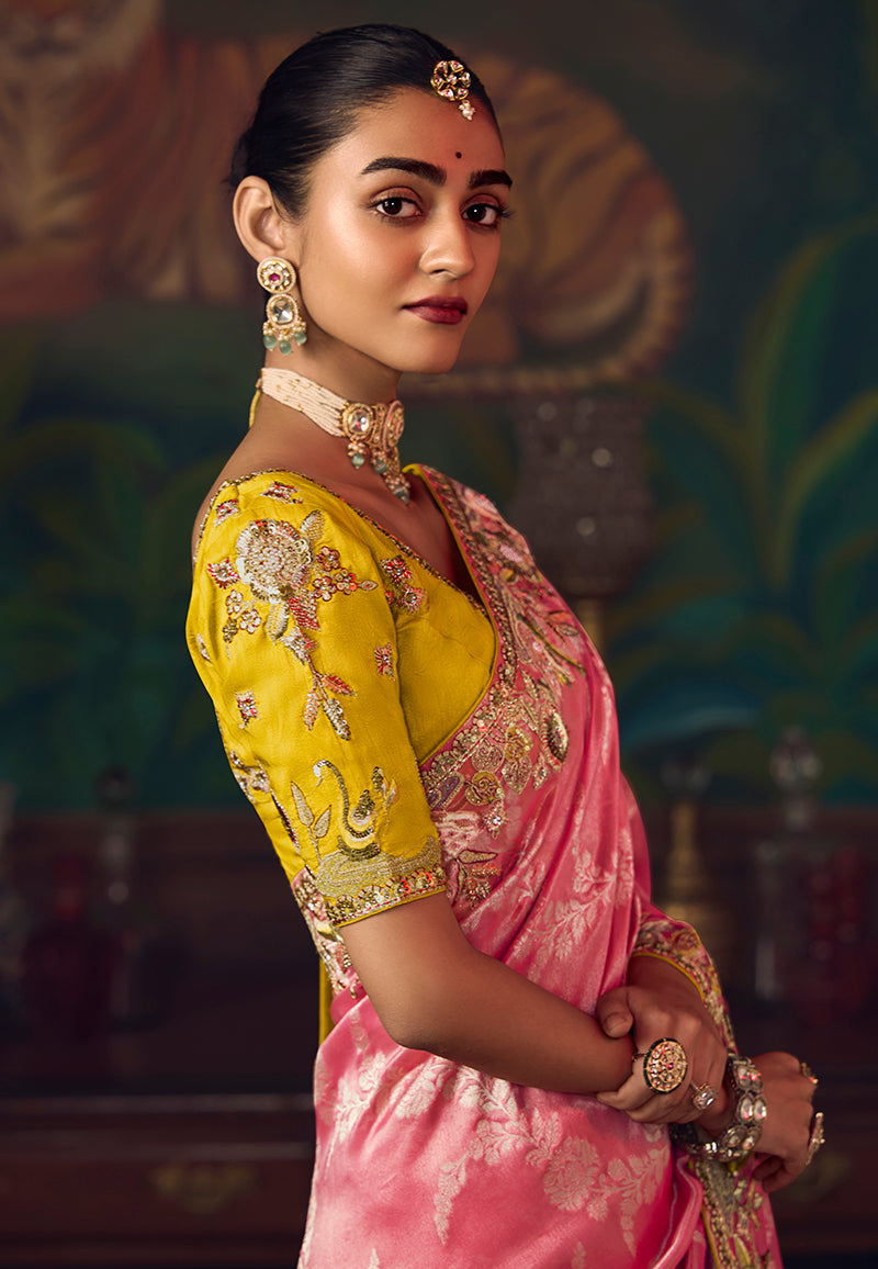 Monjolika Fashion Coral Pink Zari Woven Silk Blend Embroidered Saree For Wedding Wear