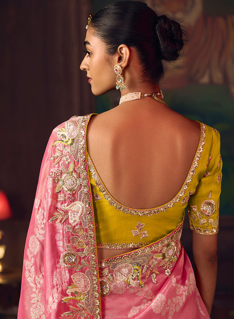 Monjolika Fashion Coral Pink Zari Woven Silk Blend Embroidered Saree For Wedding Wear