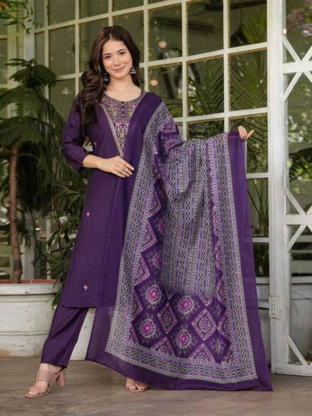 The52 Women's Gorgeous Rayon Slub Embroidery Straight Kurta with Pant And Dupatta Set | Grab2Buy