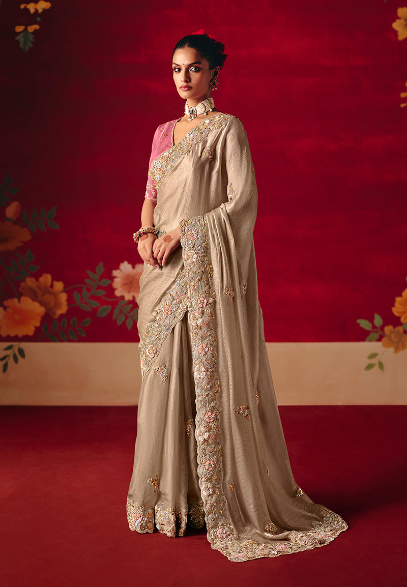 Monjolika Fashion Beige Fancy Fabric Embroidered Thread Work Classic Saree