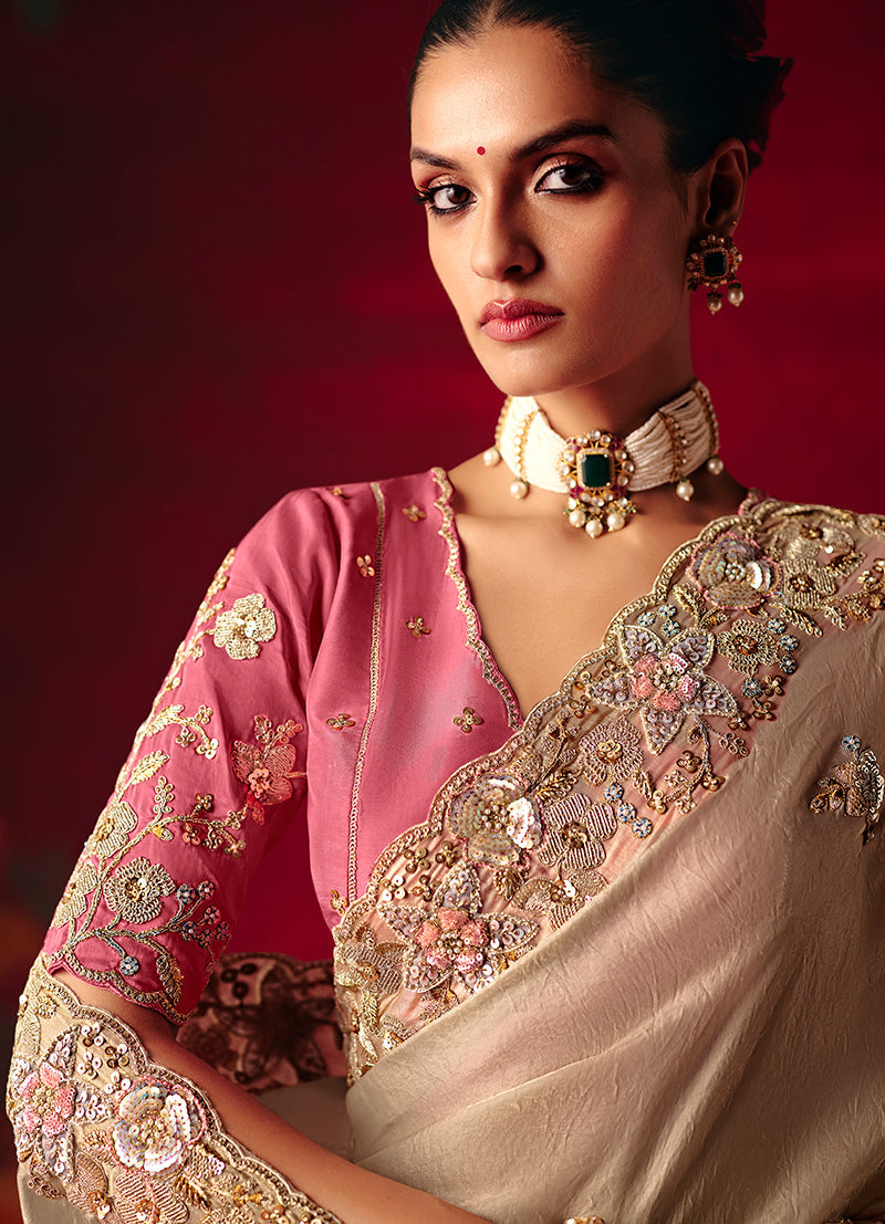 Monjolika Fashion Beige Fancy Fabric Embroidered Thread Work Classic Saree