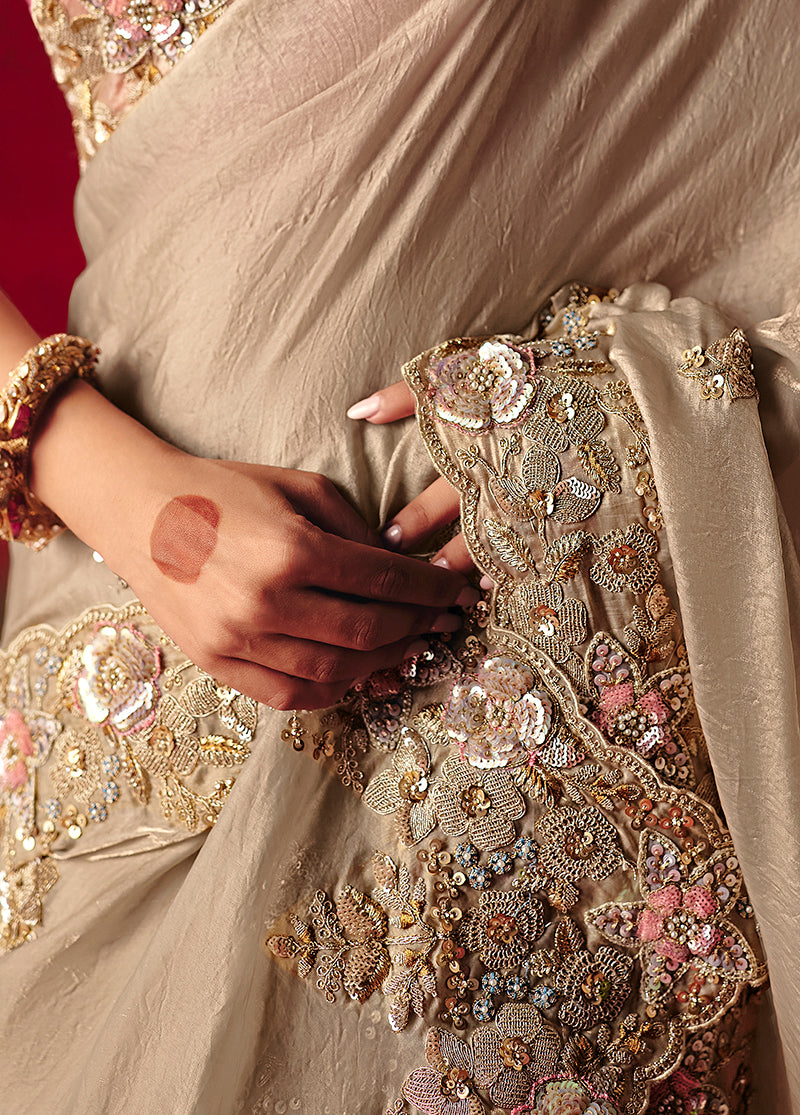 Monjolika Fashion Beige Fancy Fabric Embroidered Thread Work Classic Saree