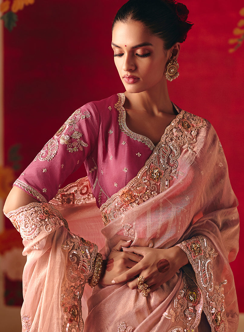 Monjolika Fashion Light Pink Fancy Fabric Embroidered Thread Work Classic Saree