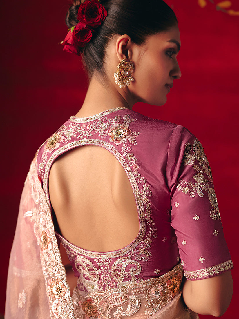 Monjolika Fashion Light Pink Fancy Fabric Embroidered Thread Work Classic Saree