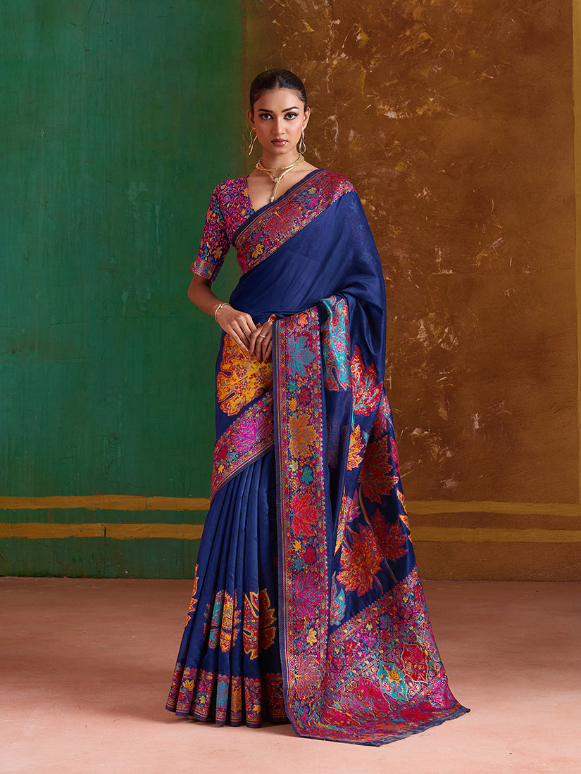 Monjolika Fashion Navy Blue Cotton Blend Weaving Contemporary Saree