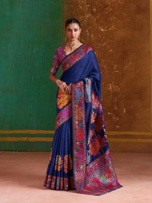 Monjolika Fashion Navy Blue Cotton Blend Weaving Contemporary Saree