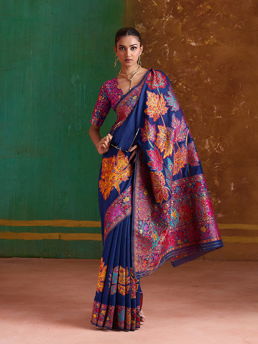 Monjolika Fashion Navy Blue Cotton Blend Weaving Contemporary Saree
