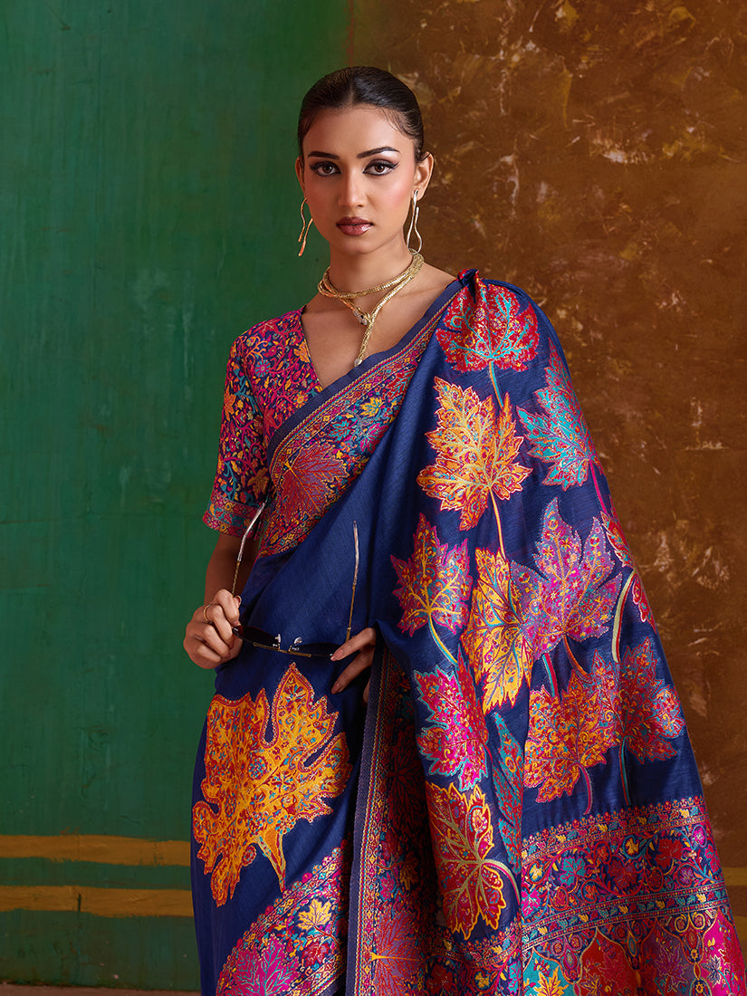 Monjolika Fashion Navy Blue Cotton Blend Weaving Contemporary Saree