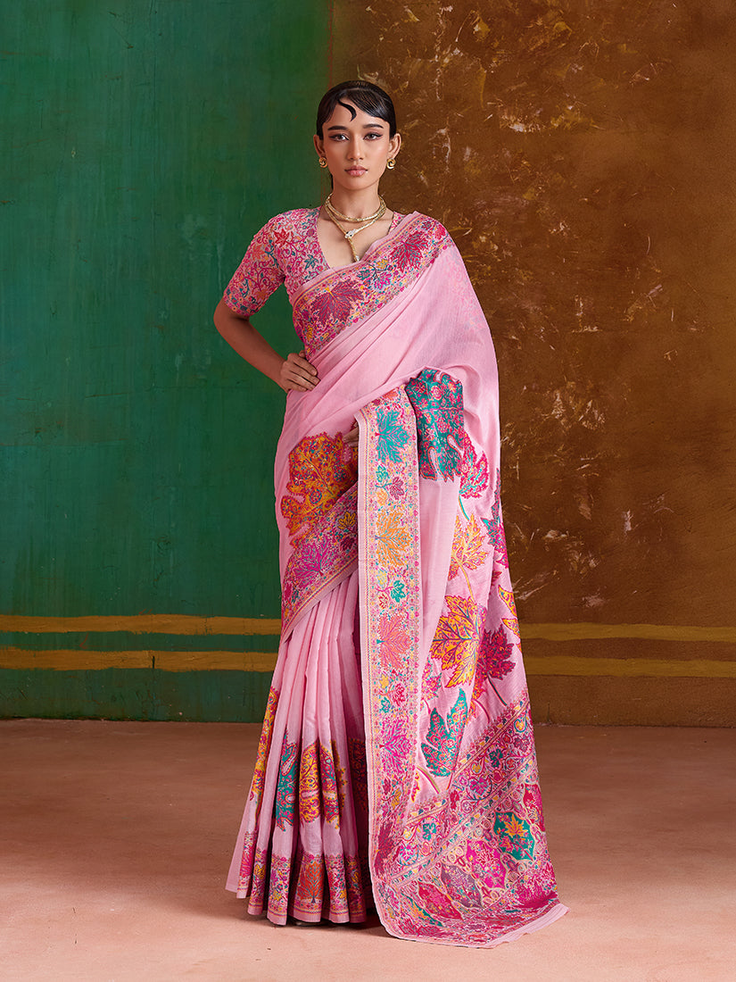 Monjolika Fashion Pink Cotton Blend Weaving Contemporary Saree