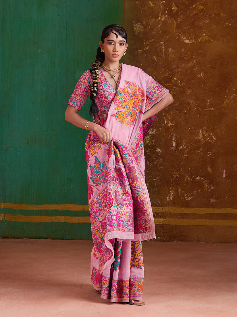 Monjolika Fashion Pink Cotton Blend Weaving Contemporary Saree