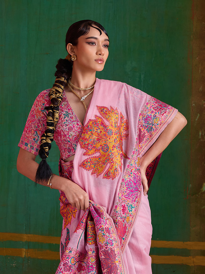 Monjolika Fashion Pink Cotton Blend Weaving Contemporary Saree