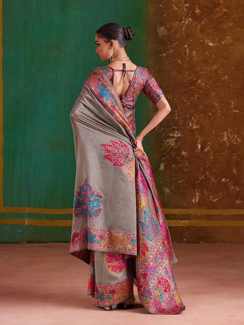 Monjolika Fashion Grey Cotton Blend Weaving Contemporary Saree