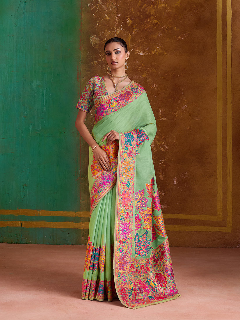 Monjolika Fashion Light Green Cotton Blend Weaving Contemporary Saree