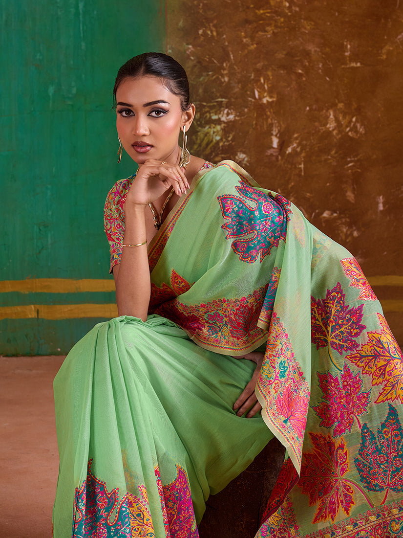 Monjolika Fashion Light Green Cotton Blend Weaving Contemporary Saree