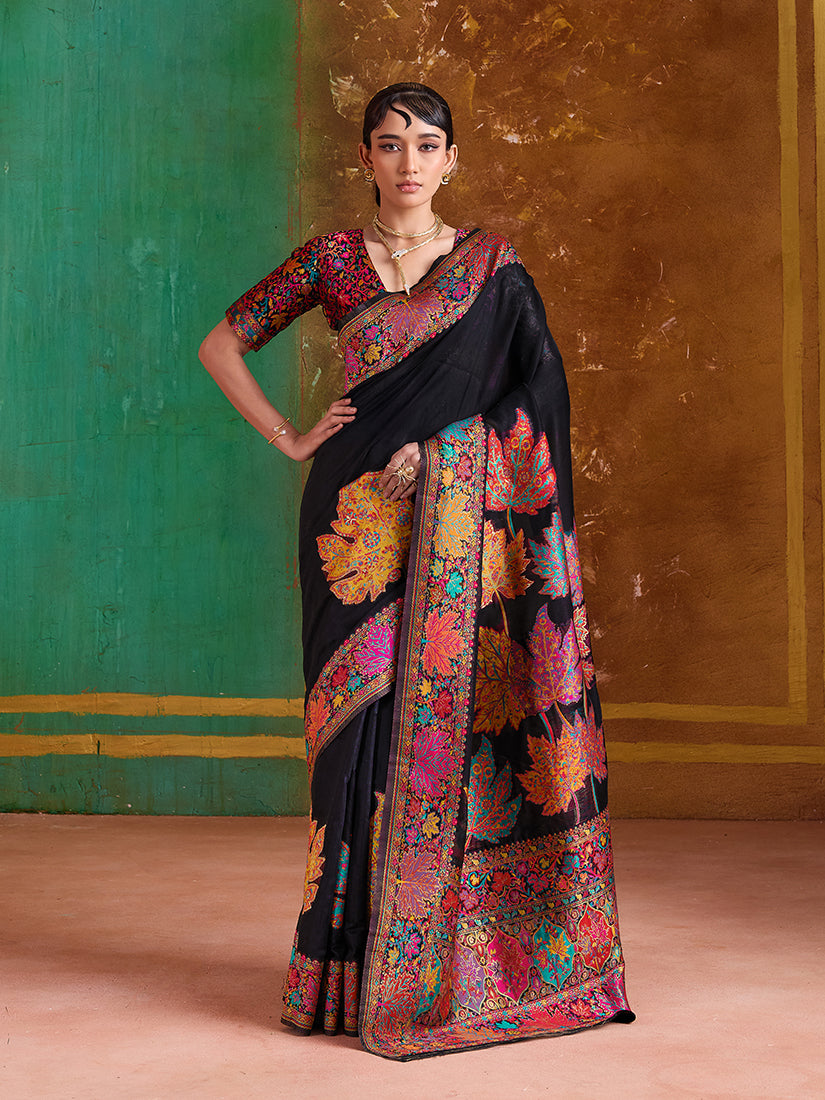 Monjolika Fashion Black Cotton Blend Weaving Contemporary Saree