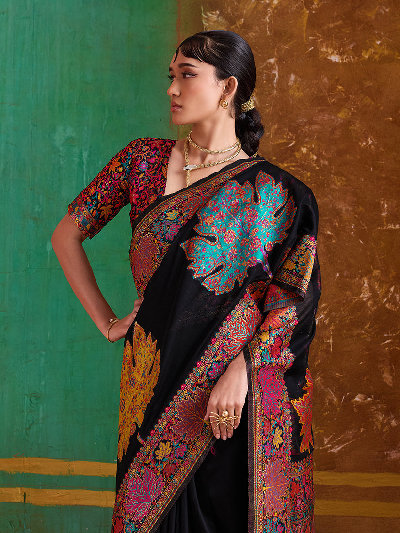 Monjolika Fashion Black Cotton Blend Weaving Contemporary Saree