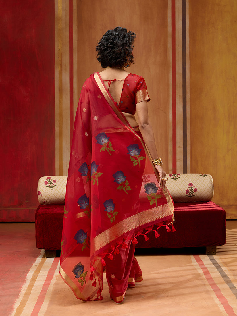 Monjolika Fashion Red Handloom Cotton Blend Weaving Classic Saree