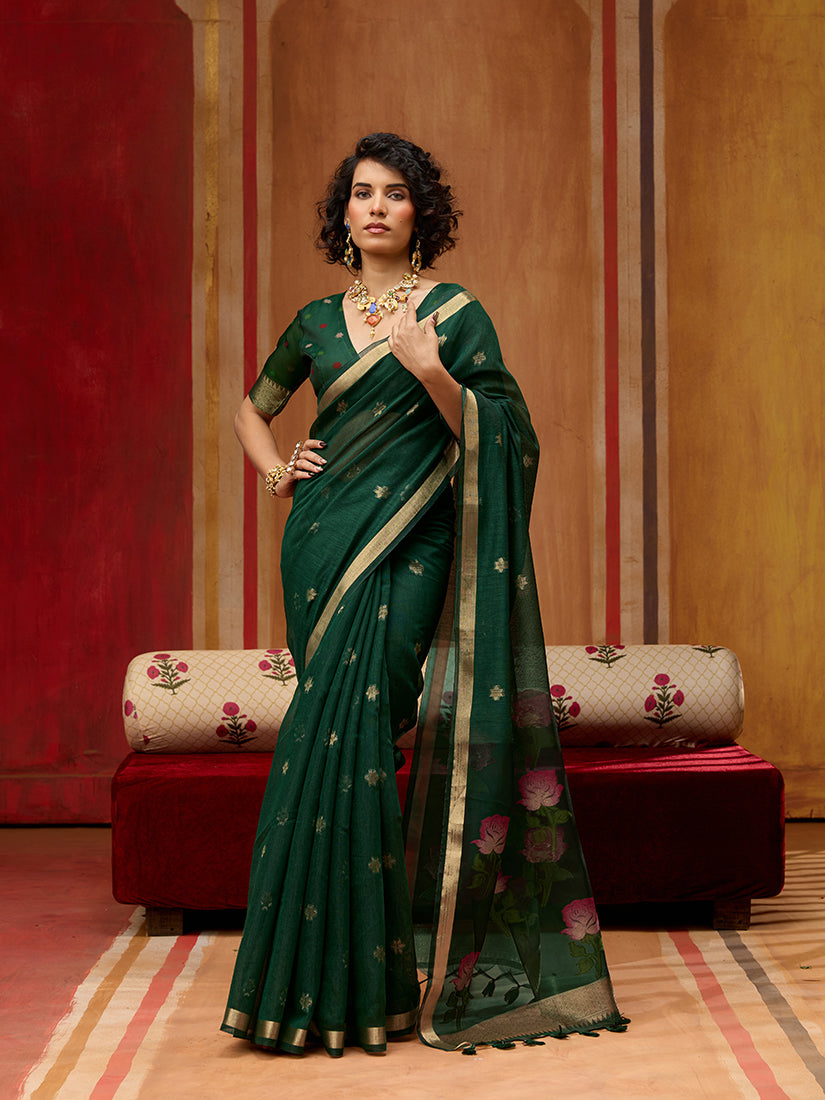 Monjolika Fashion Dark Green Handloom Cotton Blend Weaving Classic Saree
