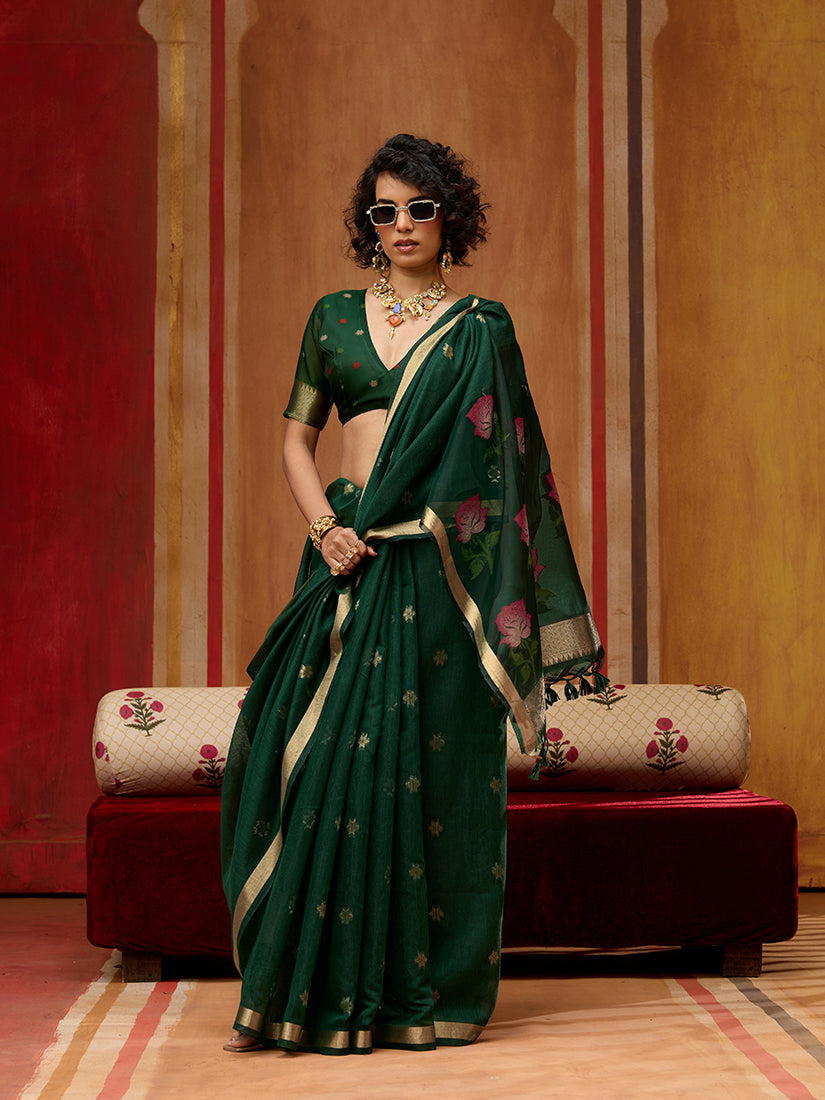 Monjolika Fashion Dark Green Handloom Cotton Blend Weaving Classic Saree