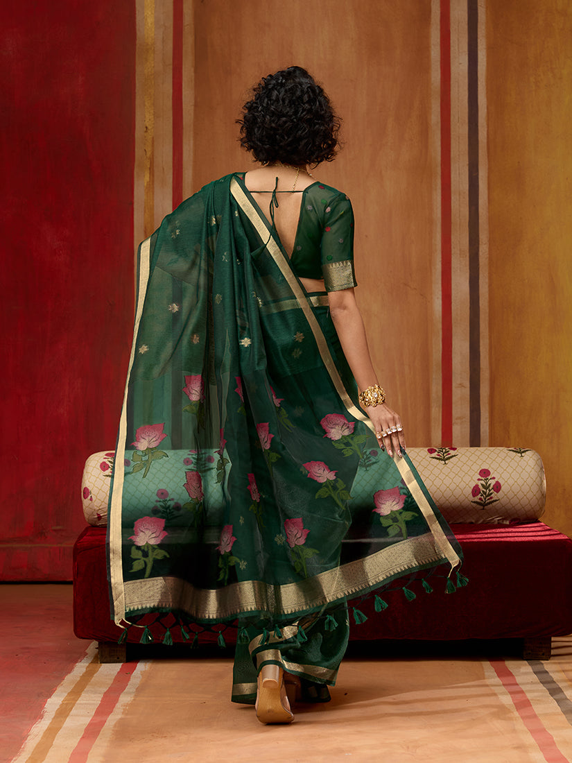 Monjolika Fashion Dark Green Handloom Cotton Blend Weaving Classic Saree