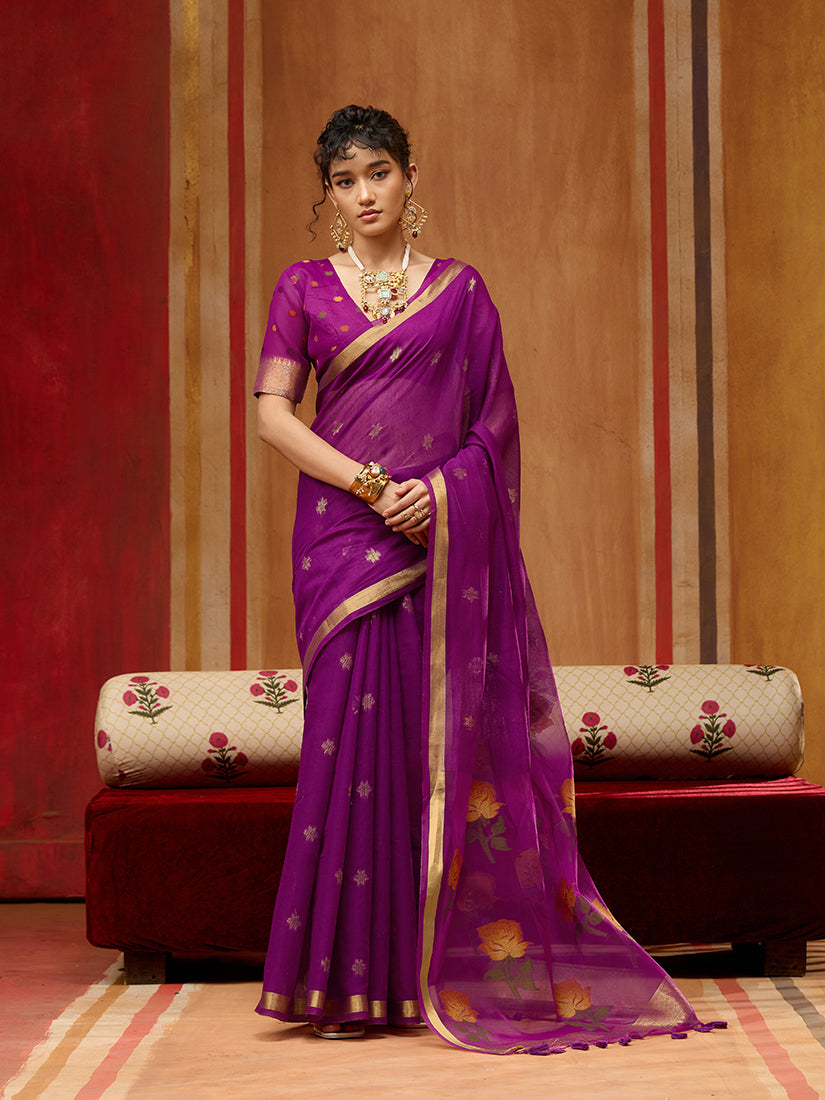 Monjolika Fashion Purple Handloom Cotton Blend Weaving Classic Saree