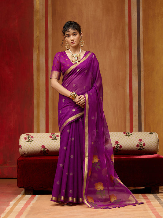 Monjolika Fashion Purple Handloom Cotton Blend Weaving Classic Saree