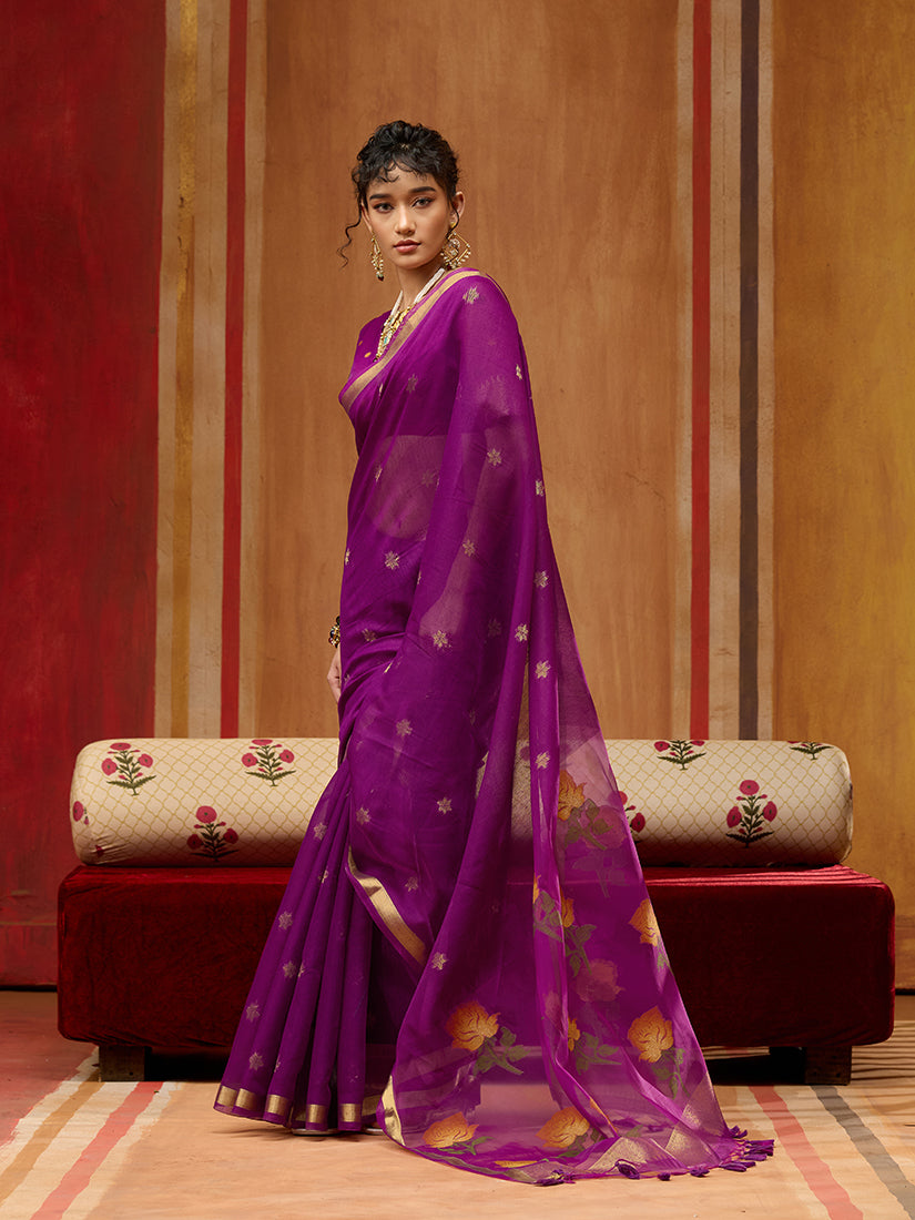 Monjolika Fashion Purple Handloom Cotton Blend Weaving Classic Saree