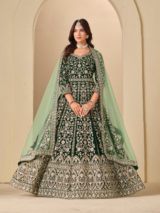 Monjolika Fashion Velvet Embroidered Dark Green Engagement Wear Anarkali Suit