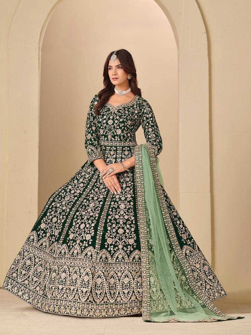 Monjolika Fashion Velvet Embroidered Dark Green Engagement Wear Anarkali Suit