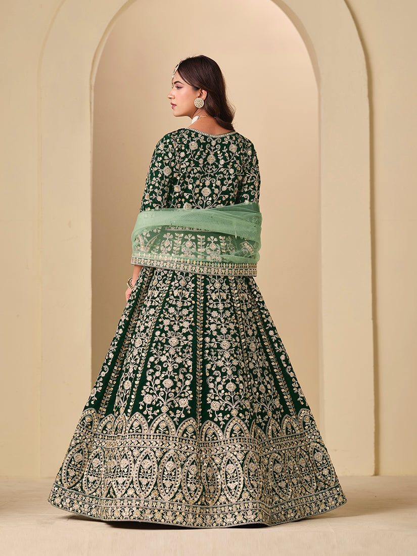 Monjolika Fashion Velvet Embroidered Dark Green Engagement Wear Anarkali Suit