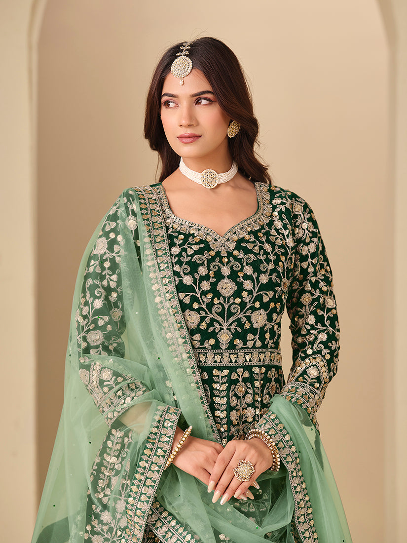 Monjolika Fashion Velvet Embroidered Dark Green Engagement Wear Anarkali Suit