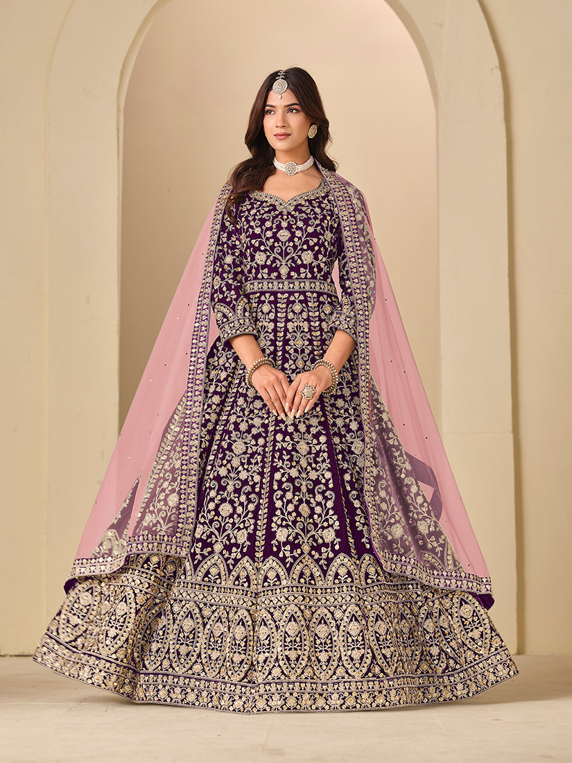 Monjolika Fashion Velvet Embroidered Purple Engagement Wear Anarkali Suit
