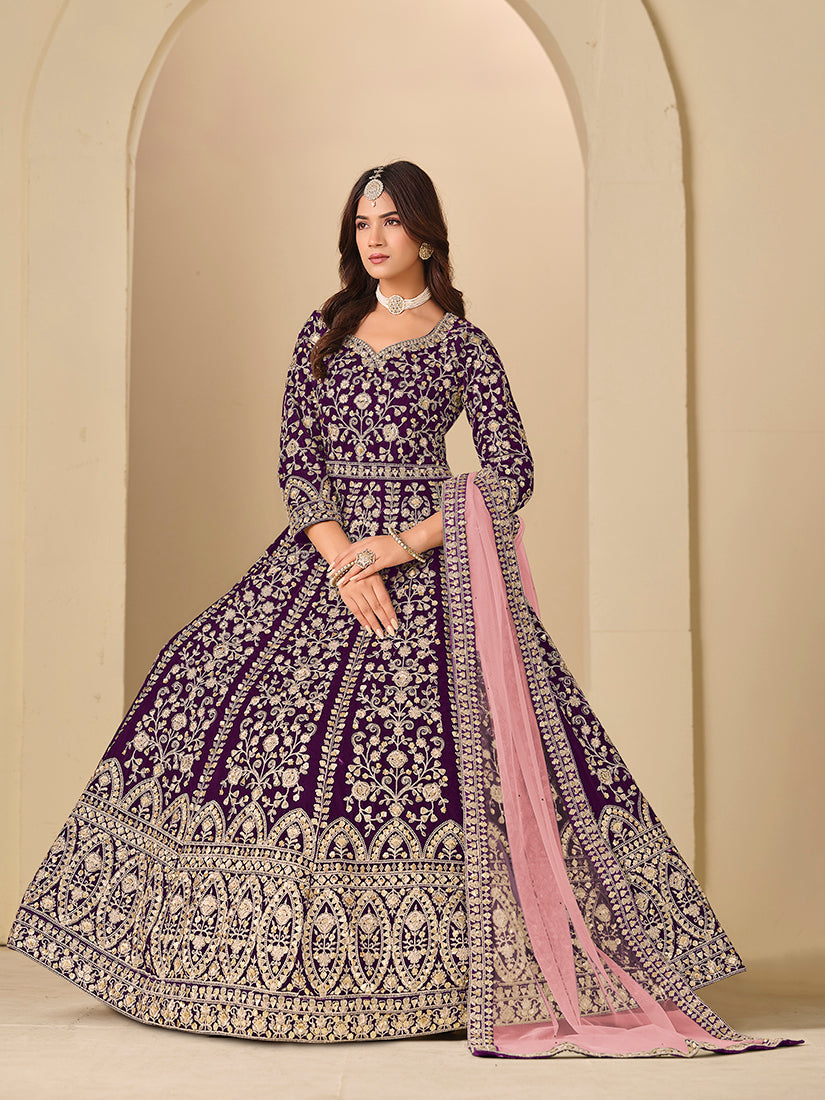 Monjolika Fashion Velvet Embroidered Purple Engagement Wear Anarkali Suit