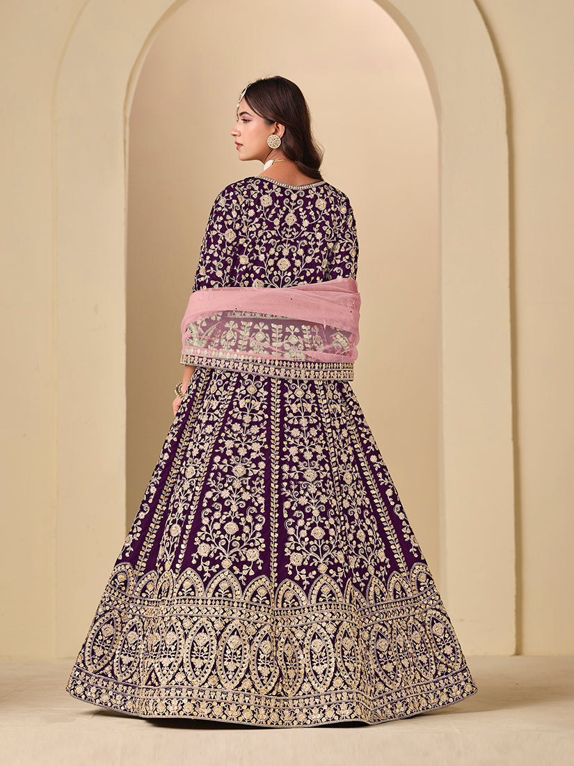 Monjolika Fashion Velvet Embroidered Purple Engagement Wear Anarkali Suit