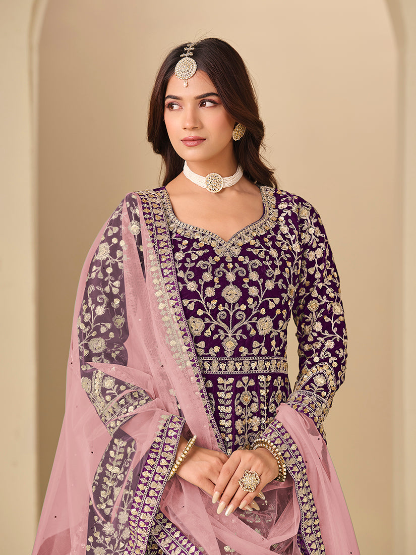 Monjolika Fashion Velvet Embroidered Purple Engagement Wear Anarkali Suit