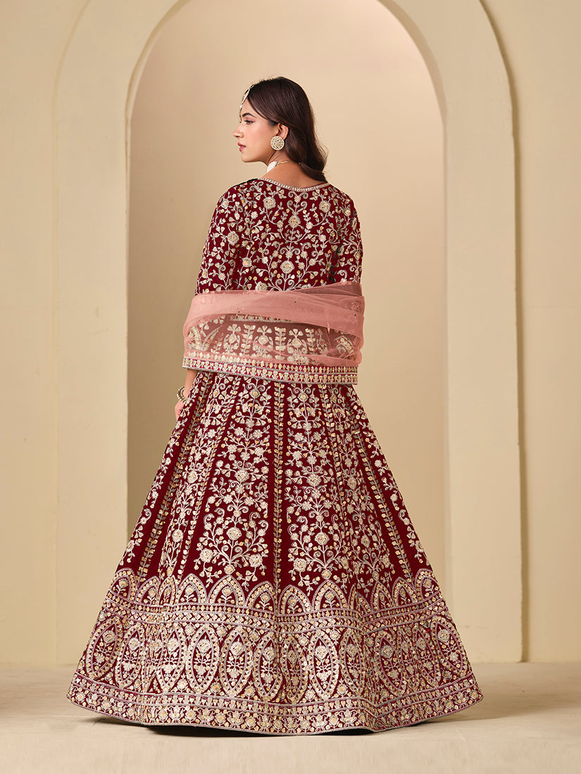 Monjolika Fashion Velvet Embroidered Maroon Engagement Wear Anarkali Suit