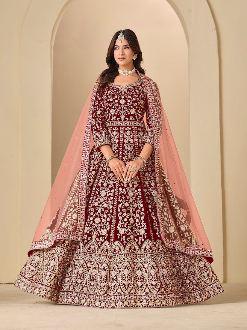 Monjolika Fashion Velvet Embroidered Maroon Engagement Wear Anarkali Suit
