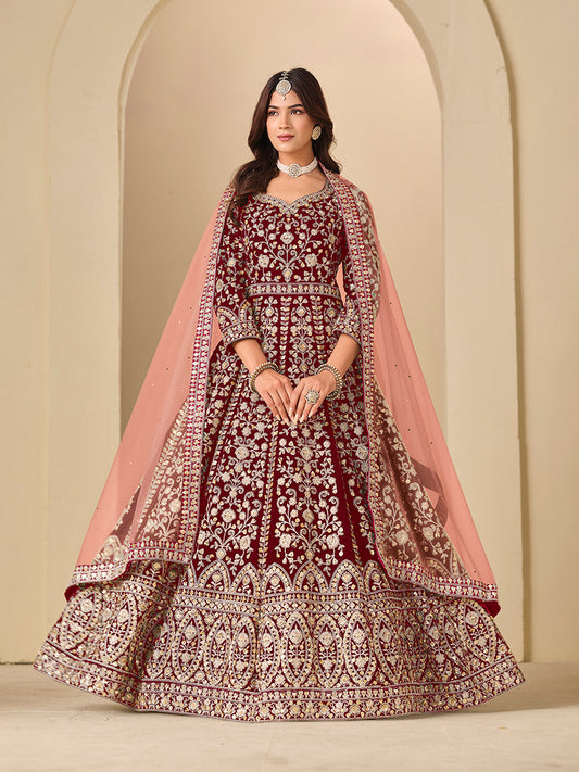 Monjolika Fashion Velvet Embroidered Maroon Engagement Wear Anarkali Suit