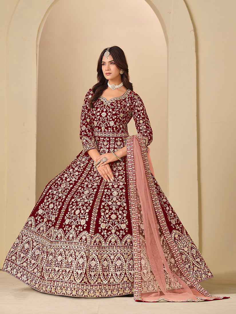 Monjolika Fashion Velvet Embroidered Maroon Engagement Wear Anarkali Suit