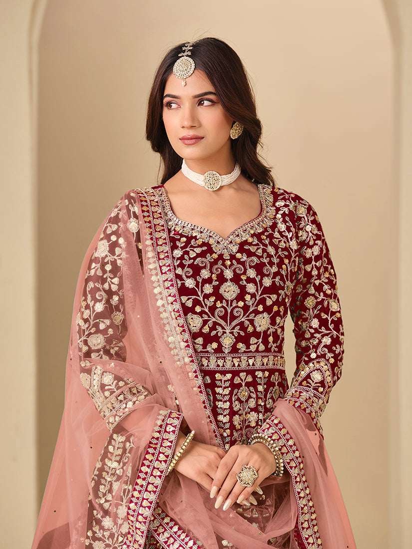 Monjolika Fashion Velvet Embroidered Maroon Engagement Wear Anarkali Suit