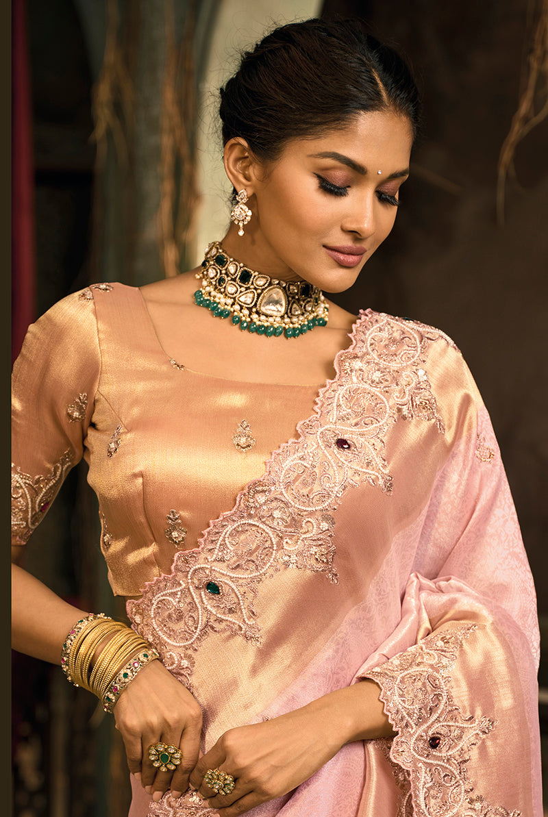 Monjolika Fashion Light Pink Silk Blend Saree With Embroidered Jari And Cut-Dana Work