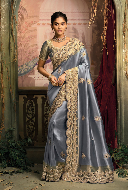 Monjolika Fashion Slate Grey Silk Blend Saree With Embroidered Jari And Cut-Dana Work