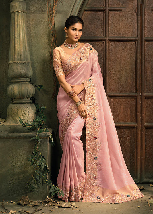 Monjolika Fashion Pink Silk Blend Saree With Embroidered Jari And Cut-Dana Work