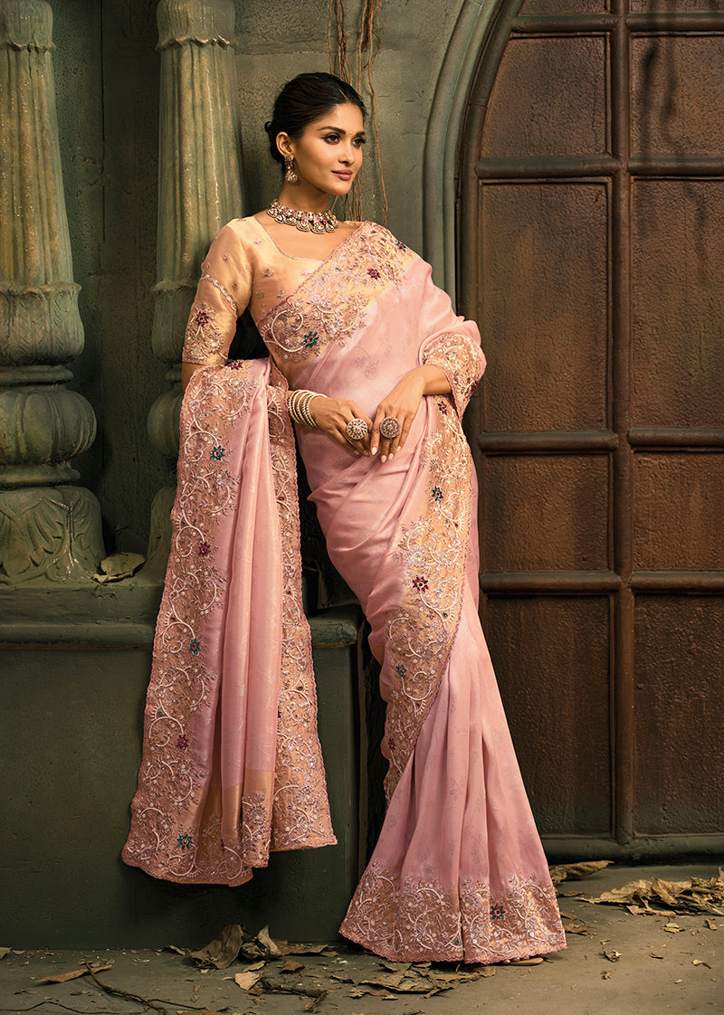Monjolika Fashion Pink Silk Blend Saree With Embroidered Jari And Cut-Dana Work