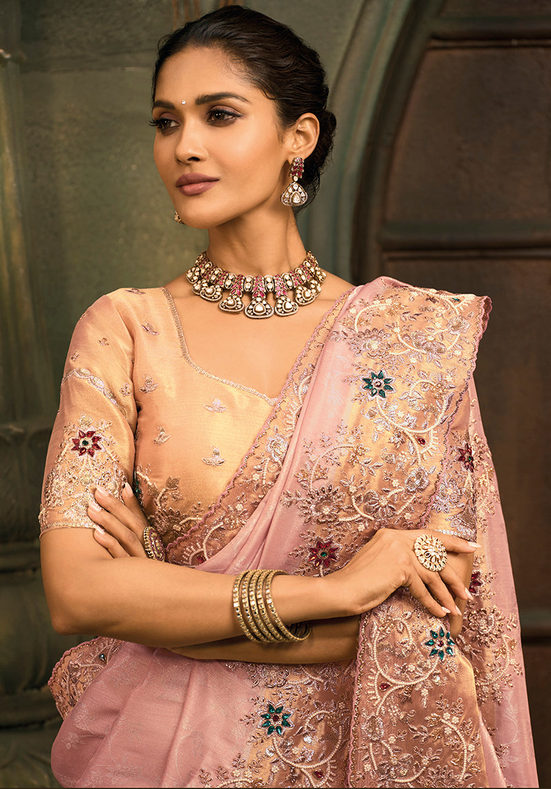 Monjolika Fashion Pink Silk Blend Saree With Embroidered Jari And Cut-Dana Work